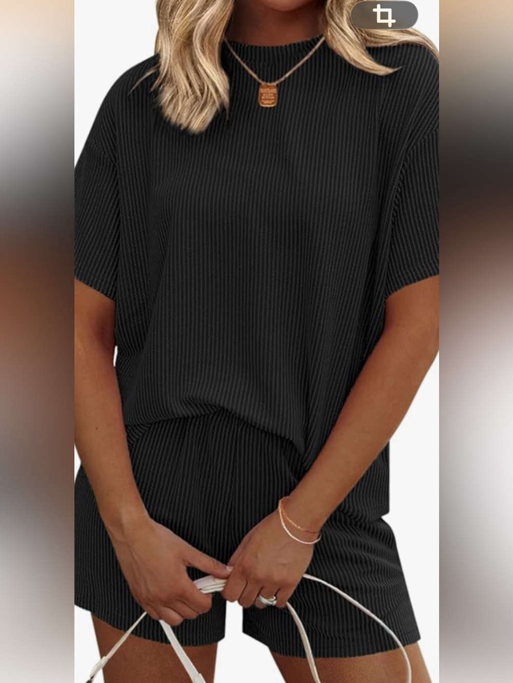 Women's Black Ribbed Short-Sleeve shorts set